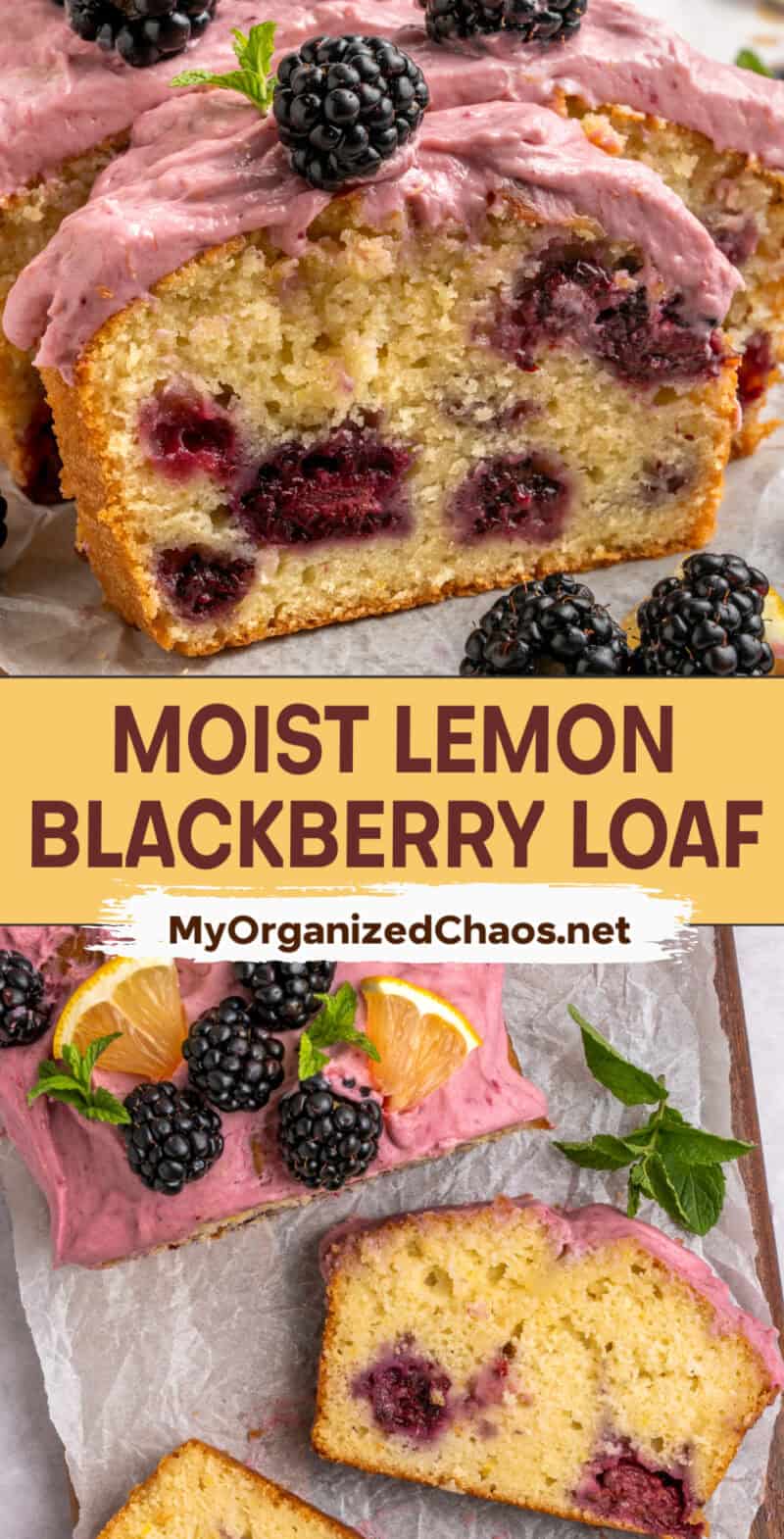 Sliced Blackberry Lemon Loaf with fresh blackberries on top.