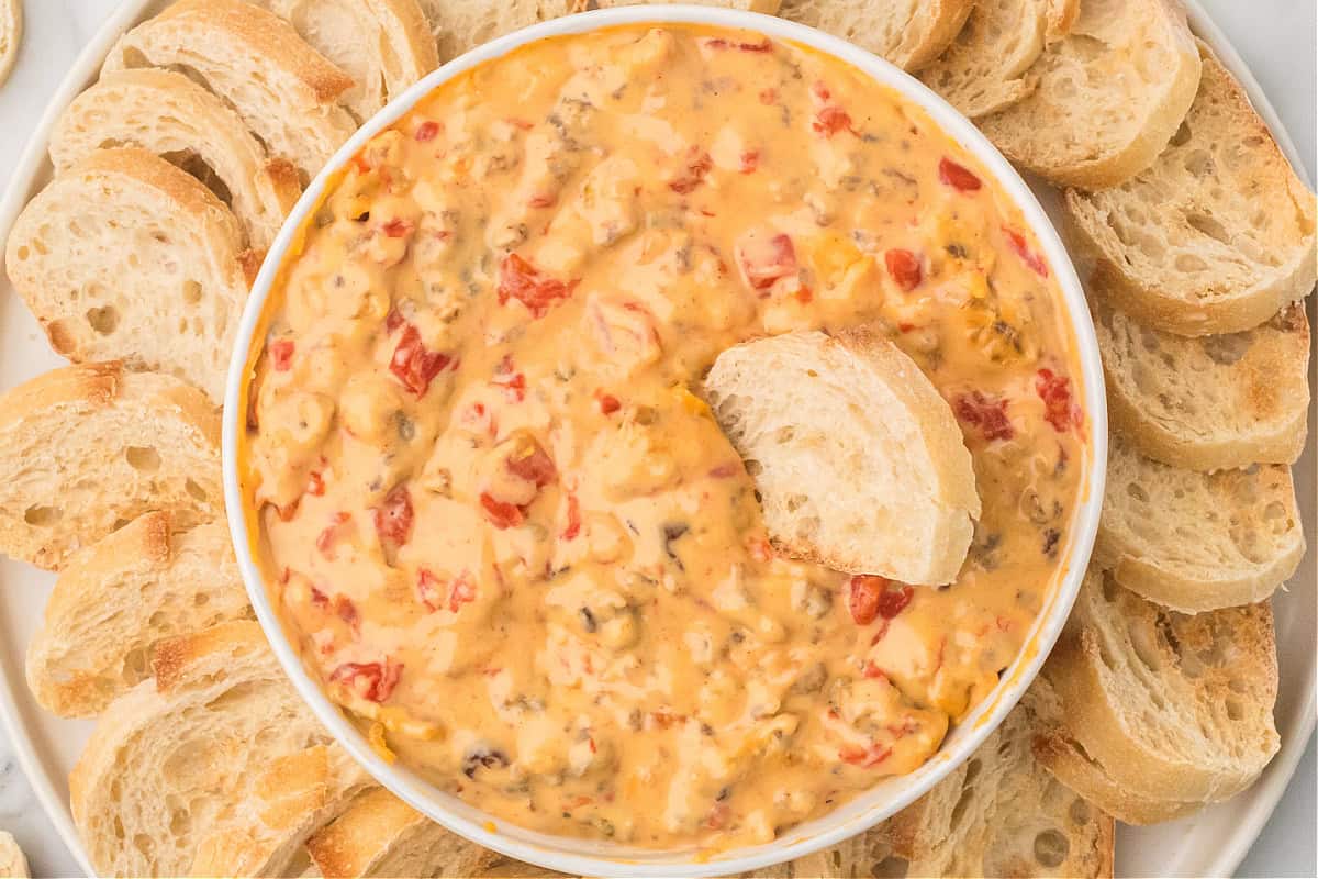 Rotel Cheese Dip with sausage in a white bowl with bread slices around it.