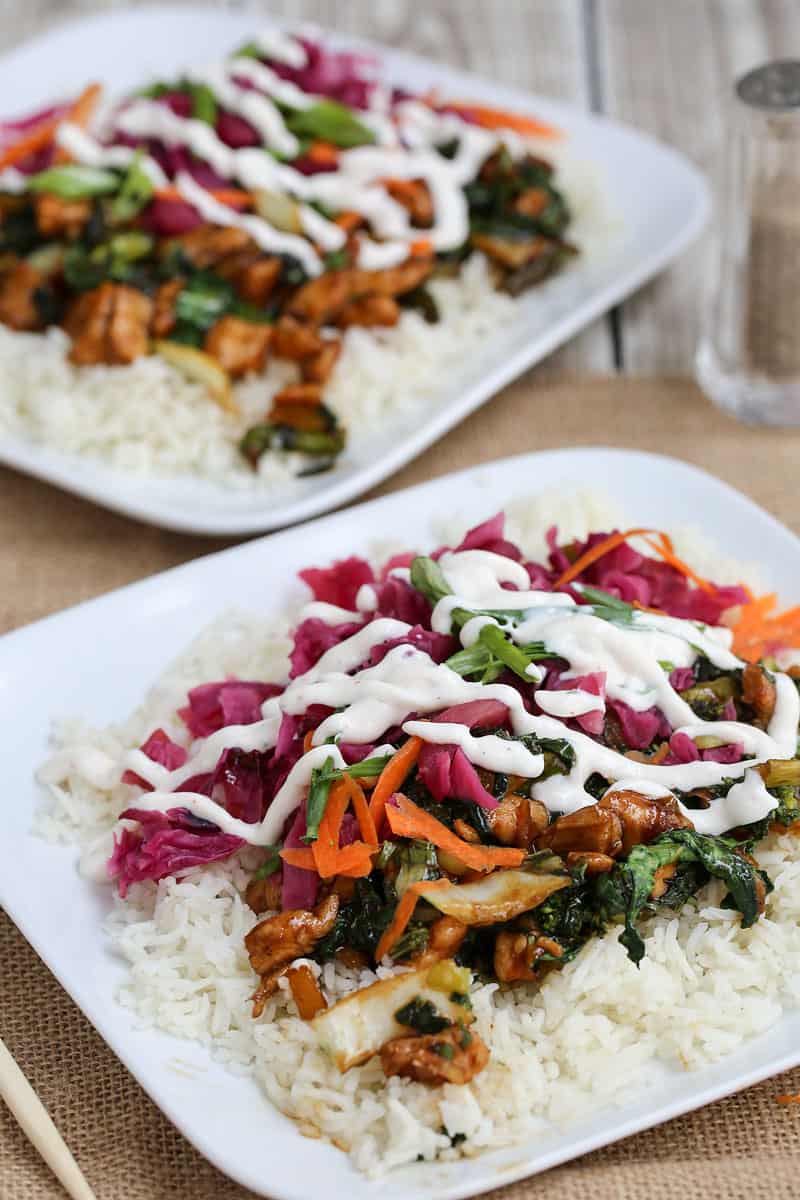 Browns copycat Chicken Teriyaki Dragon Bowl on a plate.