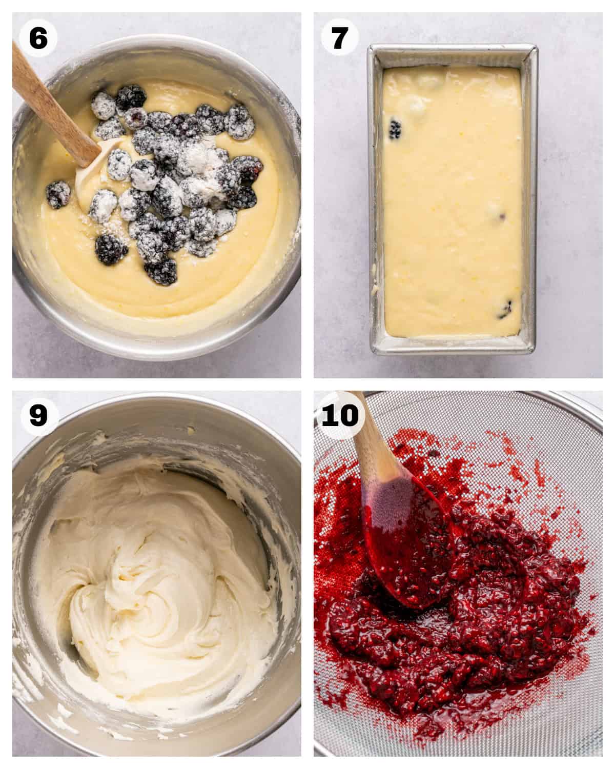Making Blackberry Lemon Loaf in bowls with fresh blackberries.