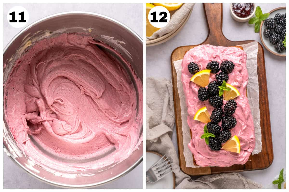 Blackberry Lemon Bread batter in a bowl, and a whole Blackberry Lemon Loaf.