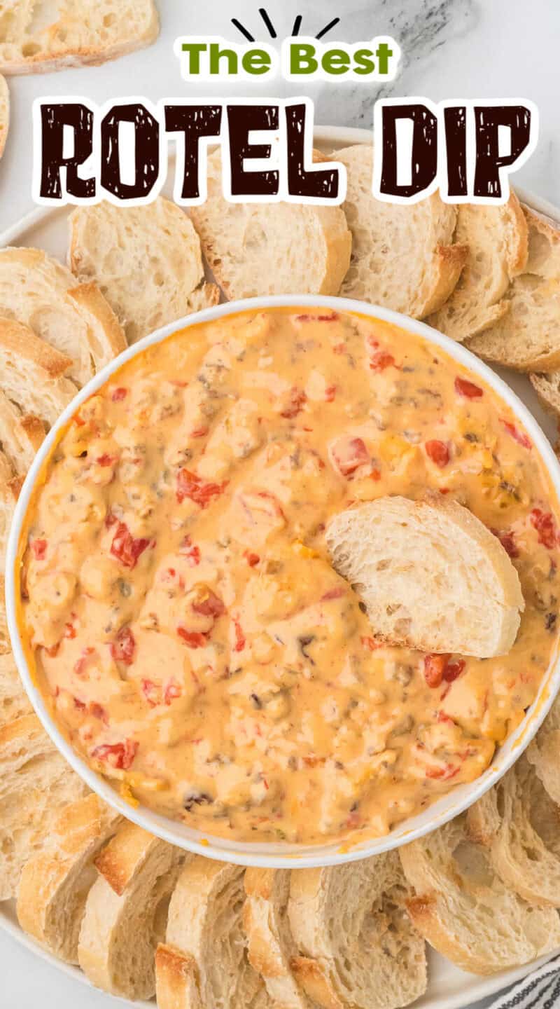 Rotel Dip surrounded by sliced baguette bread.