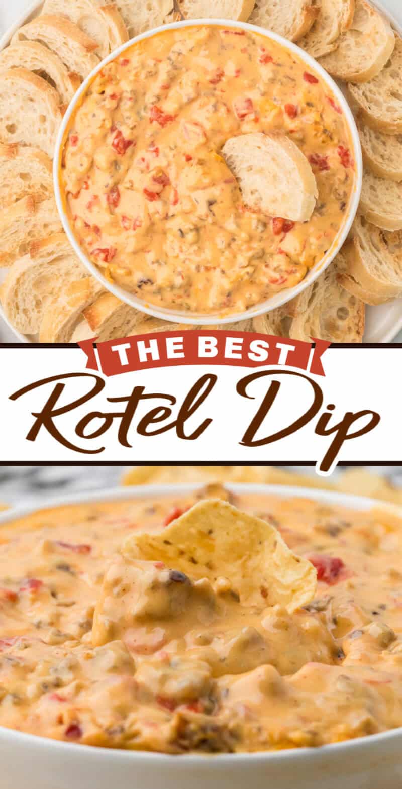 Rotel cheese dip in a white bowl with baguette and tortilla chips.