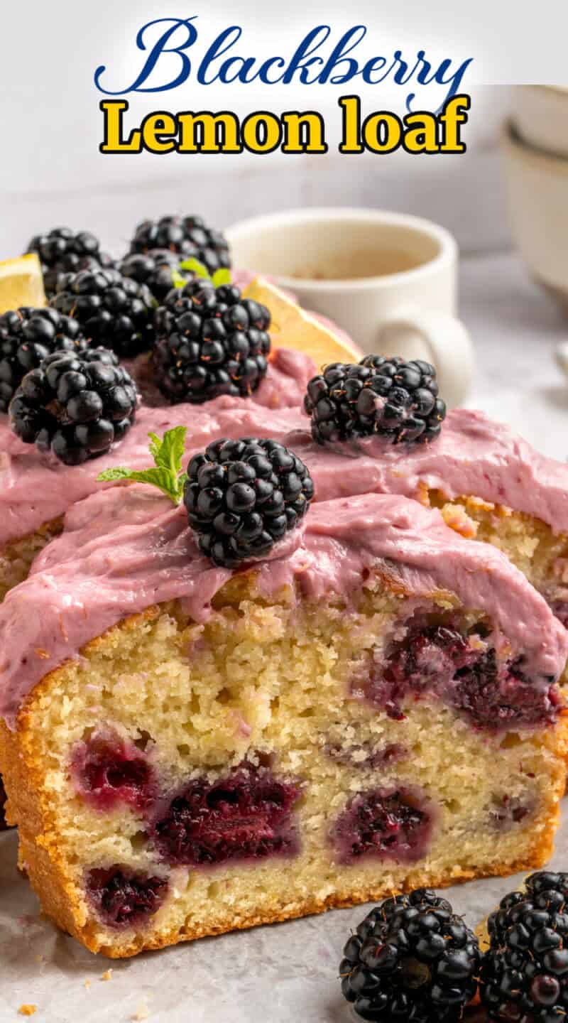 Slices of Blackberry Lemon Loaf on a table with fresh blackberries.