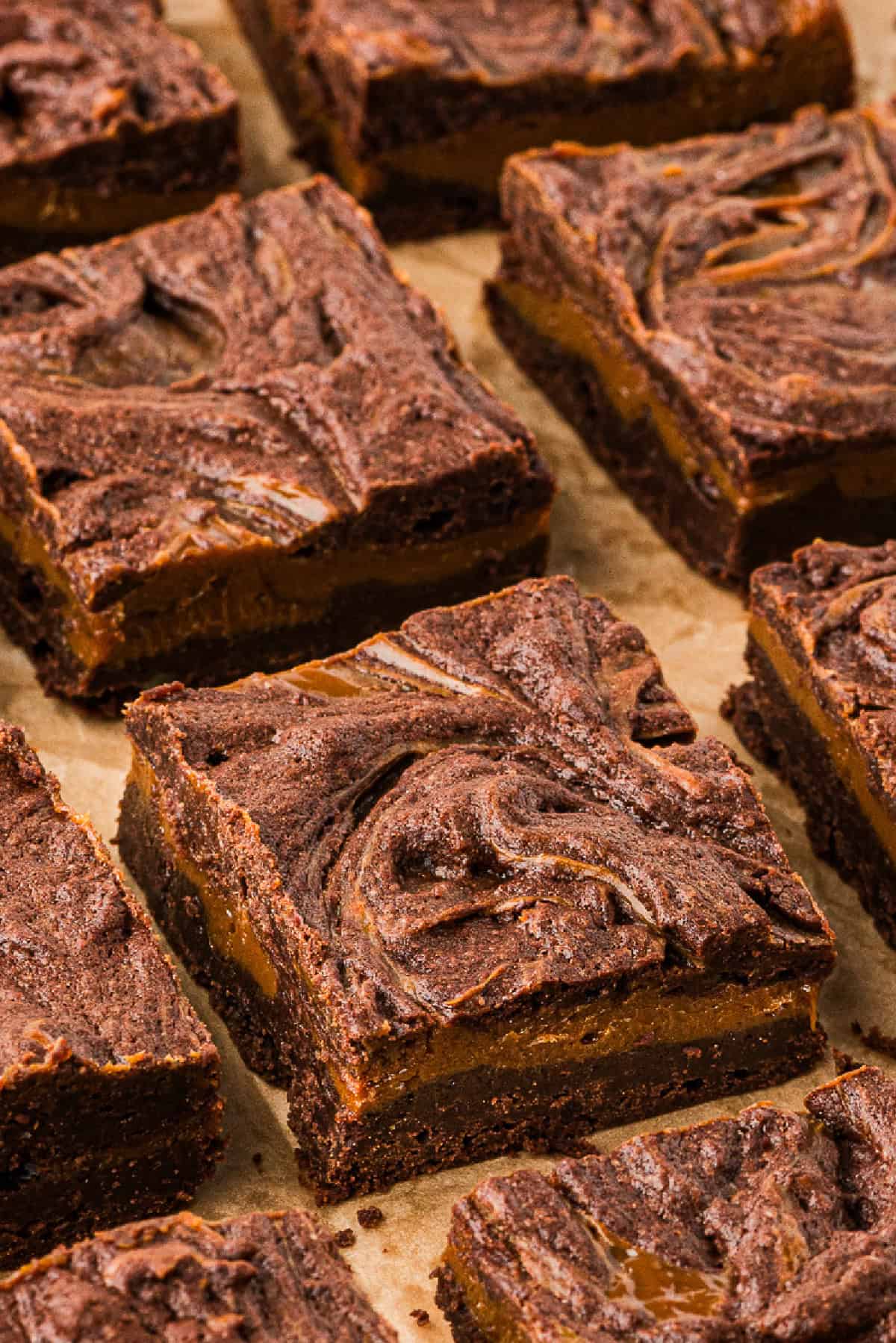 Cut squares of Mexican brownies swirled with dulce de leche.