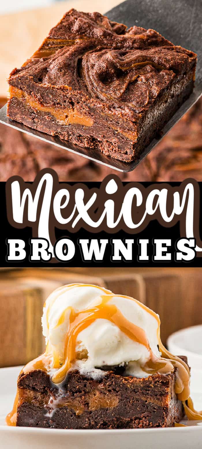 Mexican brownies swirled with dulce de leche on a plate with vanilla ice cream on top.