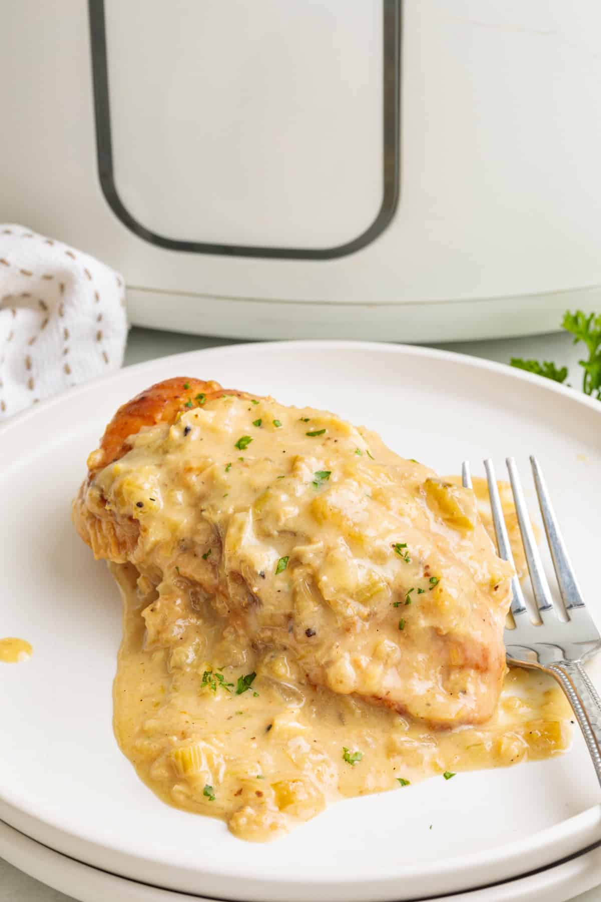 A whole piece of smothered chicken on a plate next to a crockpot.