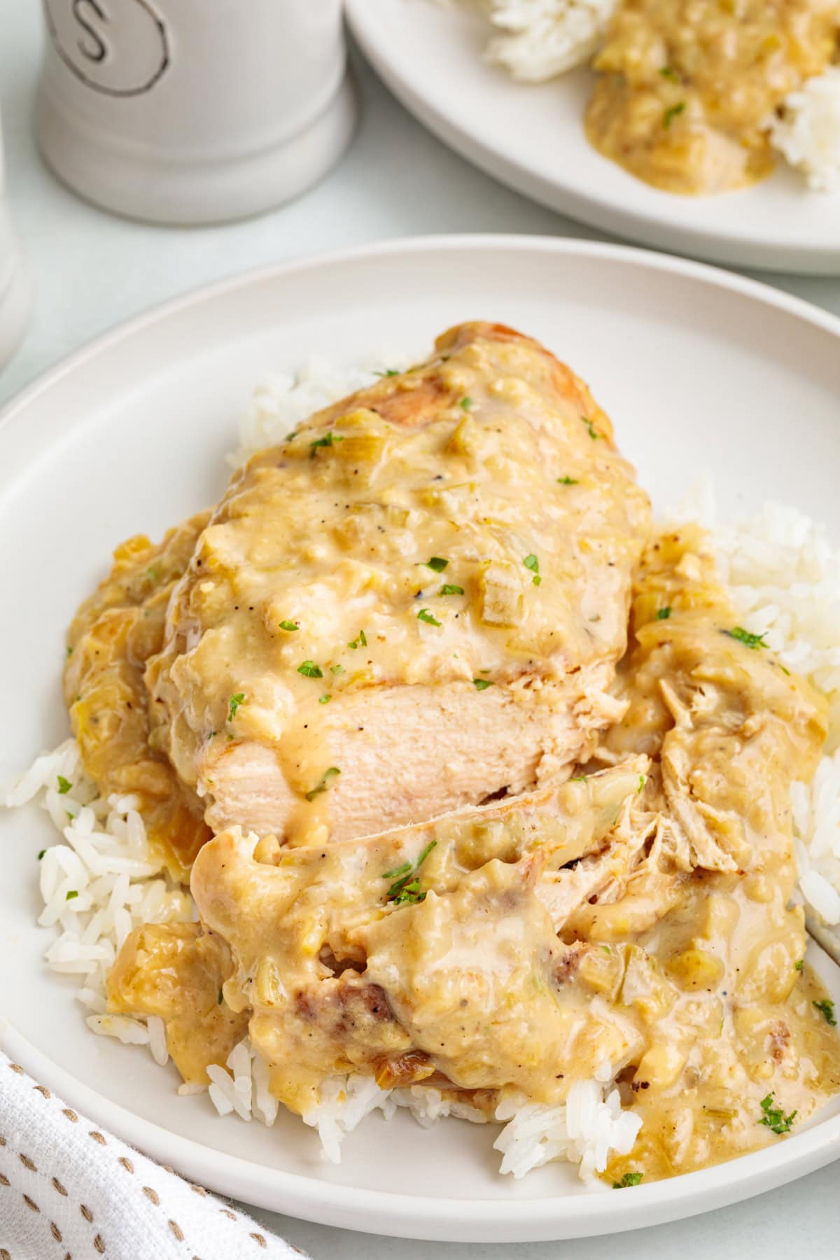 A piece of chicken breast covered with gravy over rice.