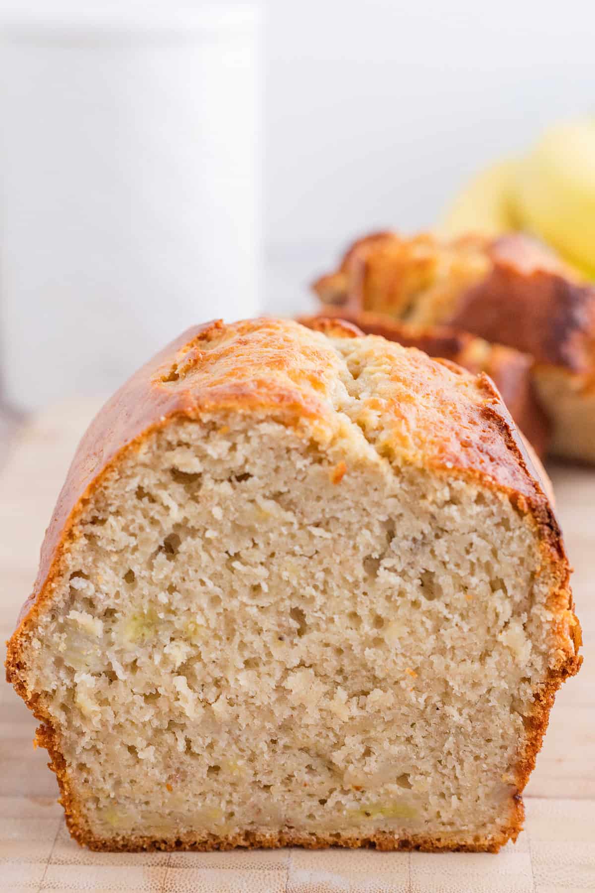 Sliced loaf of Bisquick Banana Bread.