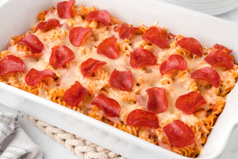 Baked pizza casserole in a baking dish.