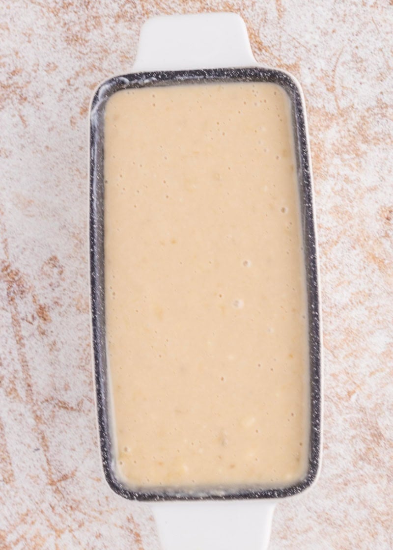 Bisquick Banana Bread batter in a loaf pan.