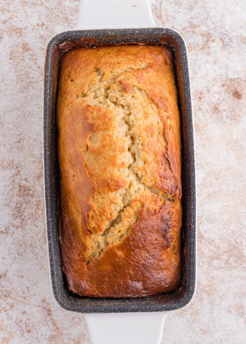 Baked Bisquick Banana Bread in a loaf pan.