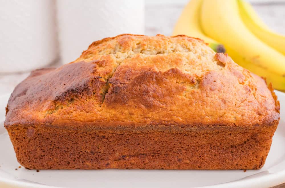 Side view of a whole loaf of Bisquick Banana Bread.