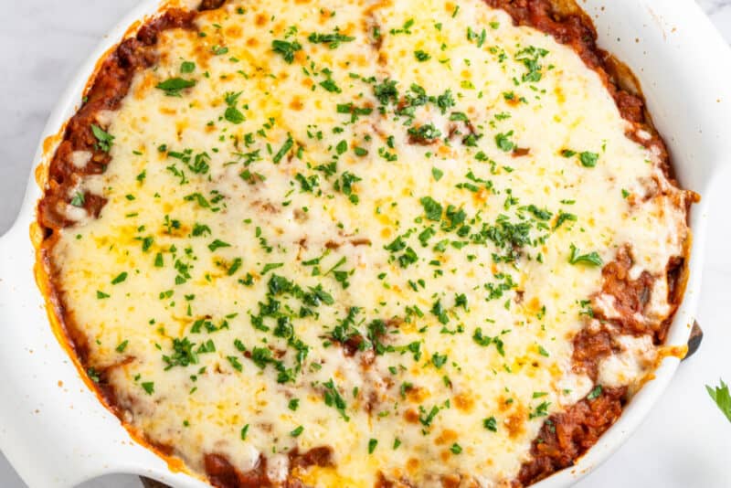 baked stuffed cabbage casserole in a white dish.