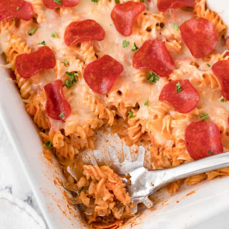 Baked pizza casserole in a baking dish.