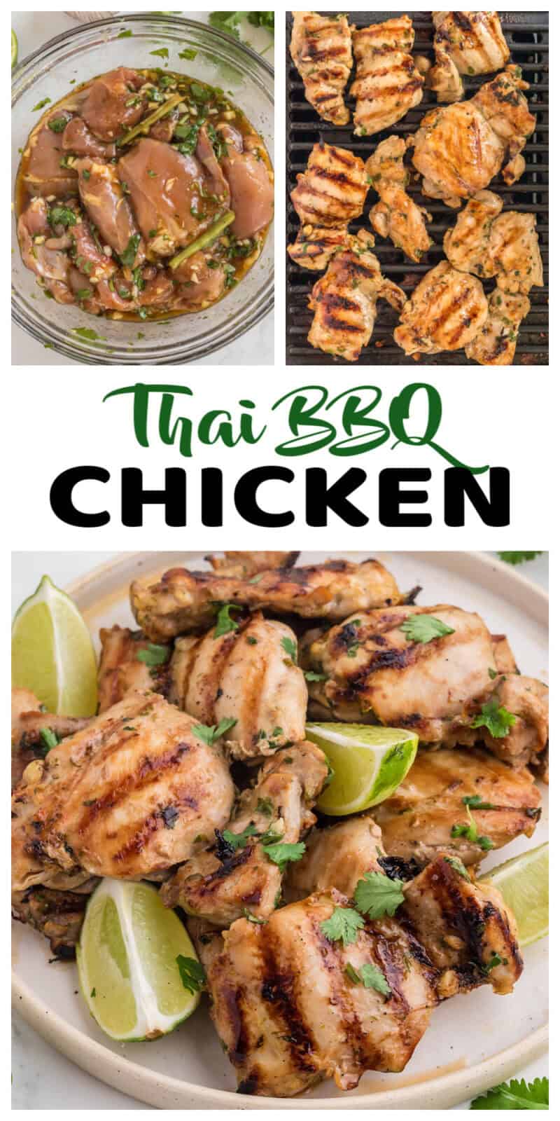 Marinated Thai BBQ Chicken on a bbq and on a white plate with fresh lime wedges.