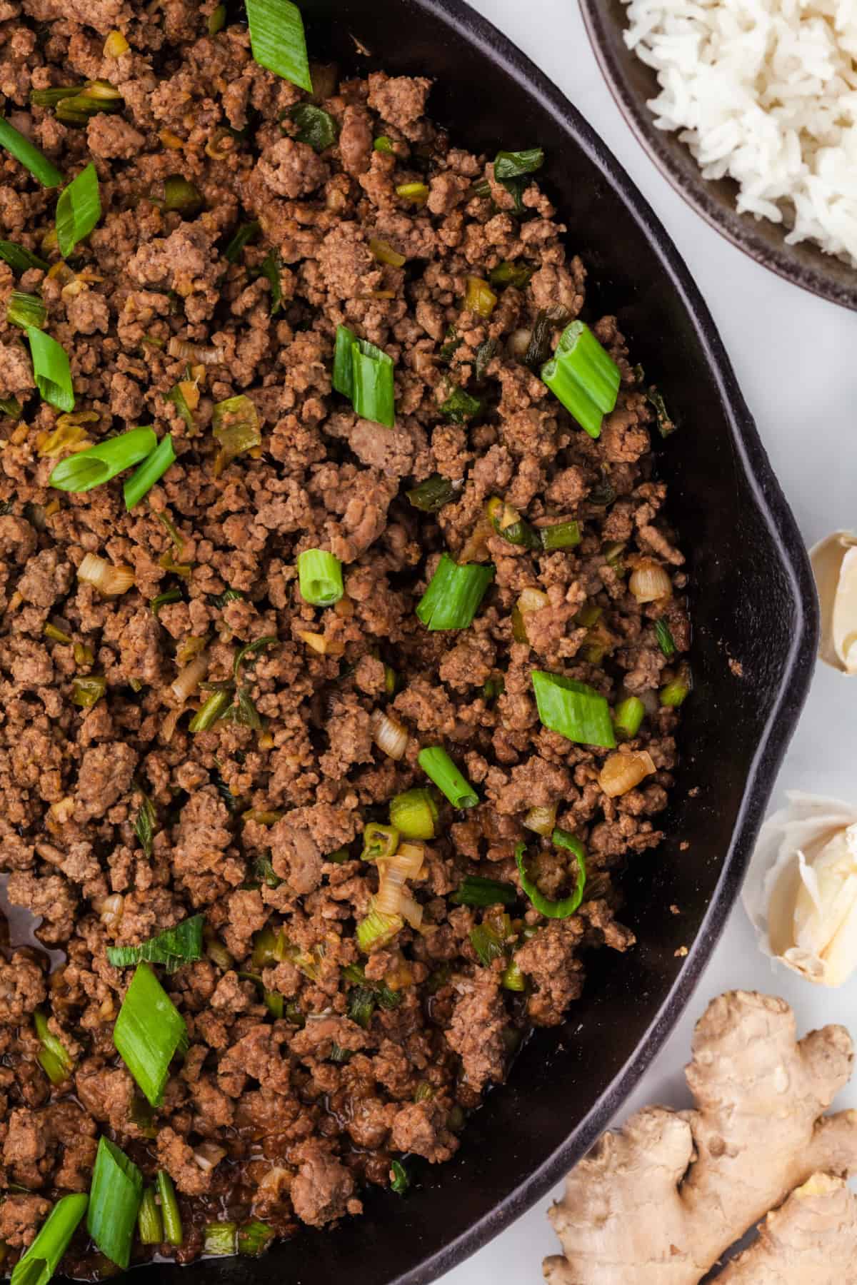 Korean ground beef in a black skillet.