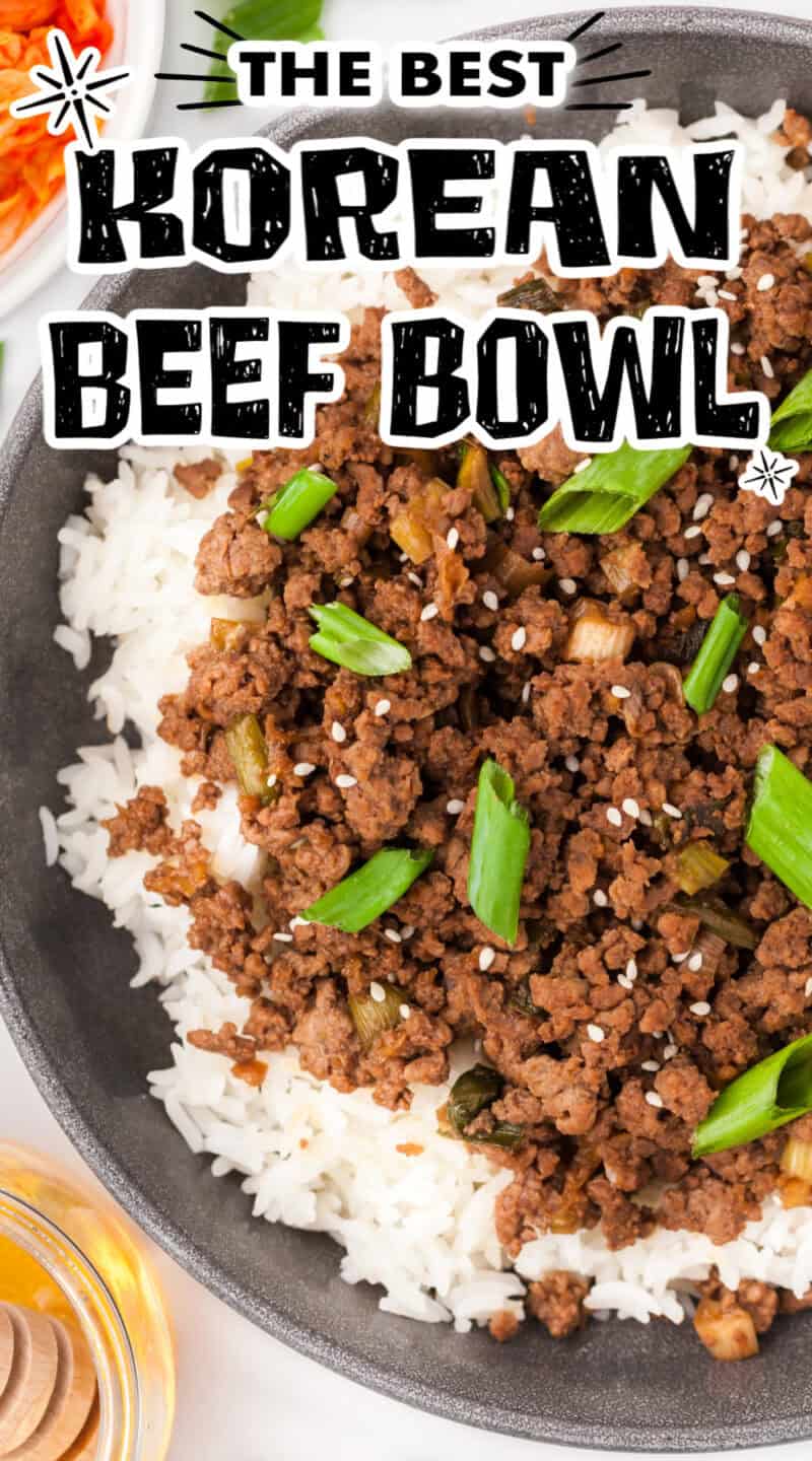 Korean beef in a bowl over rice and topped with green onions.