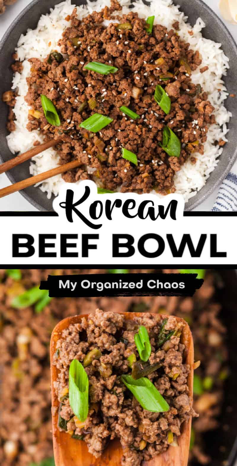 Korean ground beef in a bowl over rice and topped with green onions.