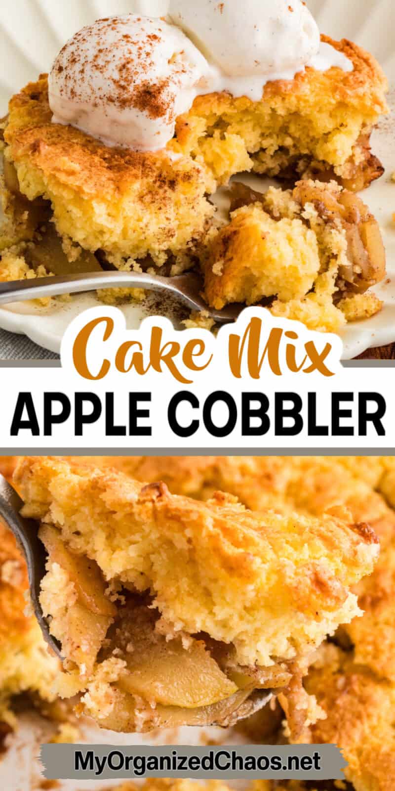 Apple Cobbler with cake mix on a white plate with a fork, topped with two scoops of vanilla ice cream.