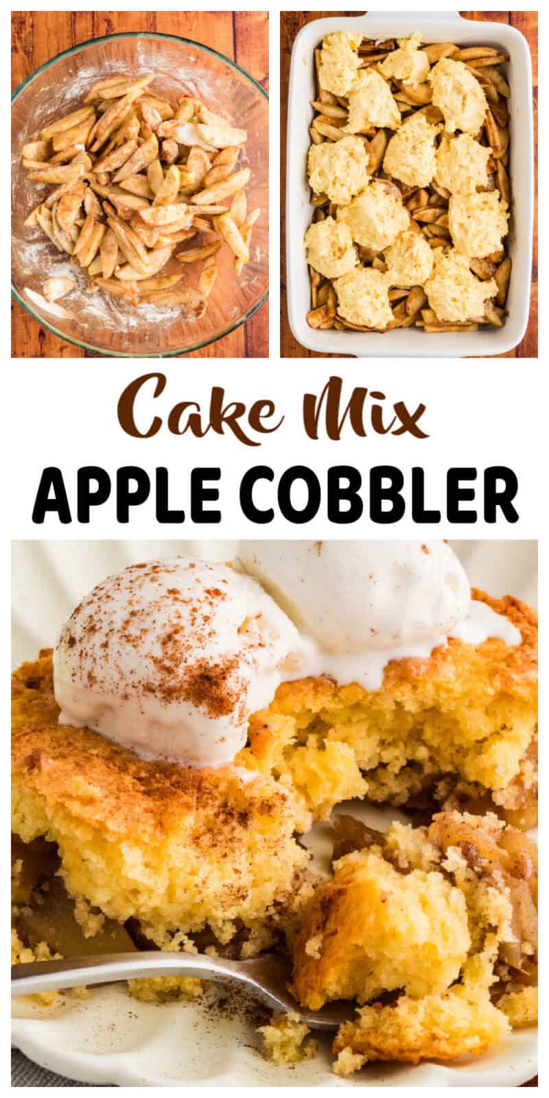 Cake Mix Apple Cobbler on a white plate with a fork, topped with two scoops of vanilla ice cream.