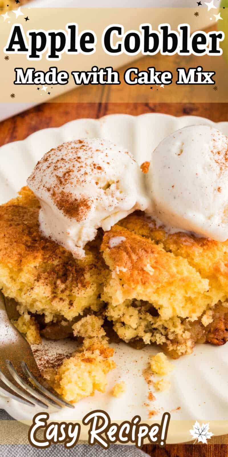 Cake Mix Apple Cobbler on a white plate with a fork, topped with two scoops of vanilla ice cream.