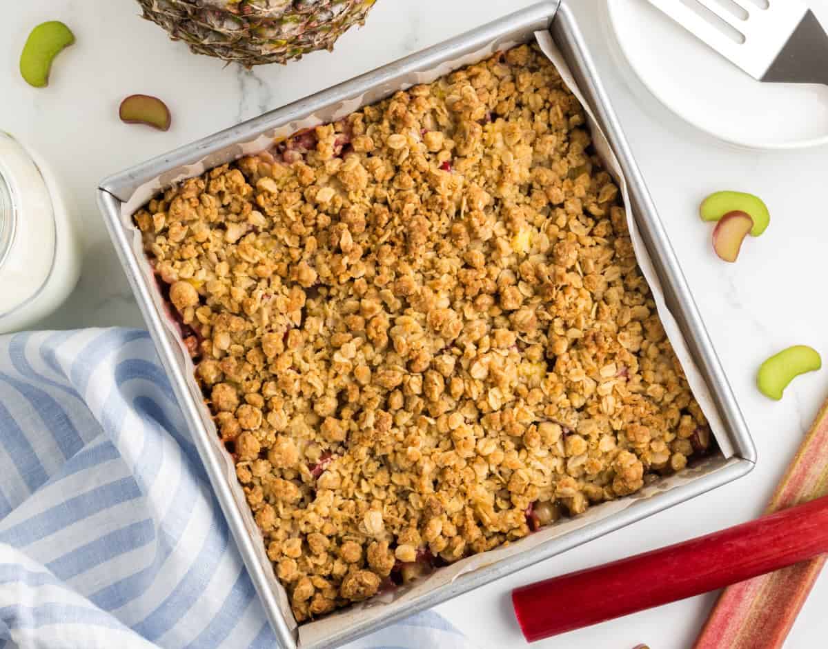 A whole baking pan with pineapple rhubarb crumble.