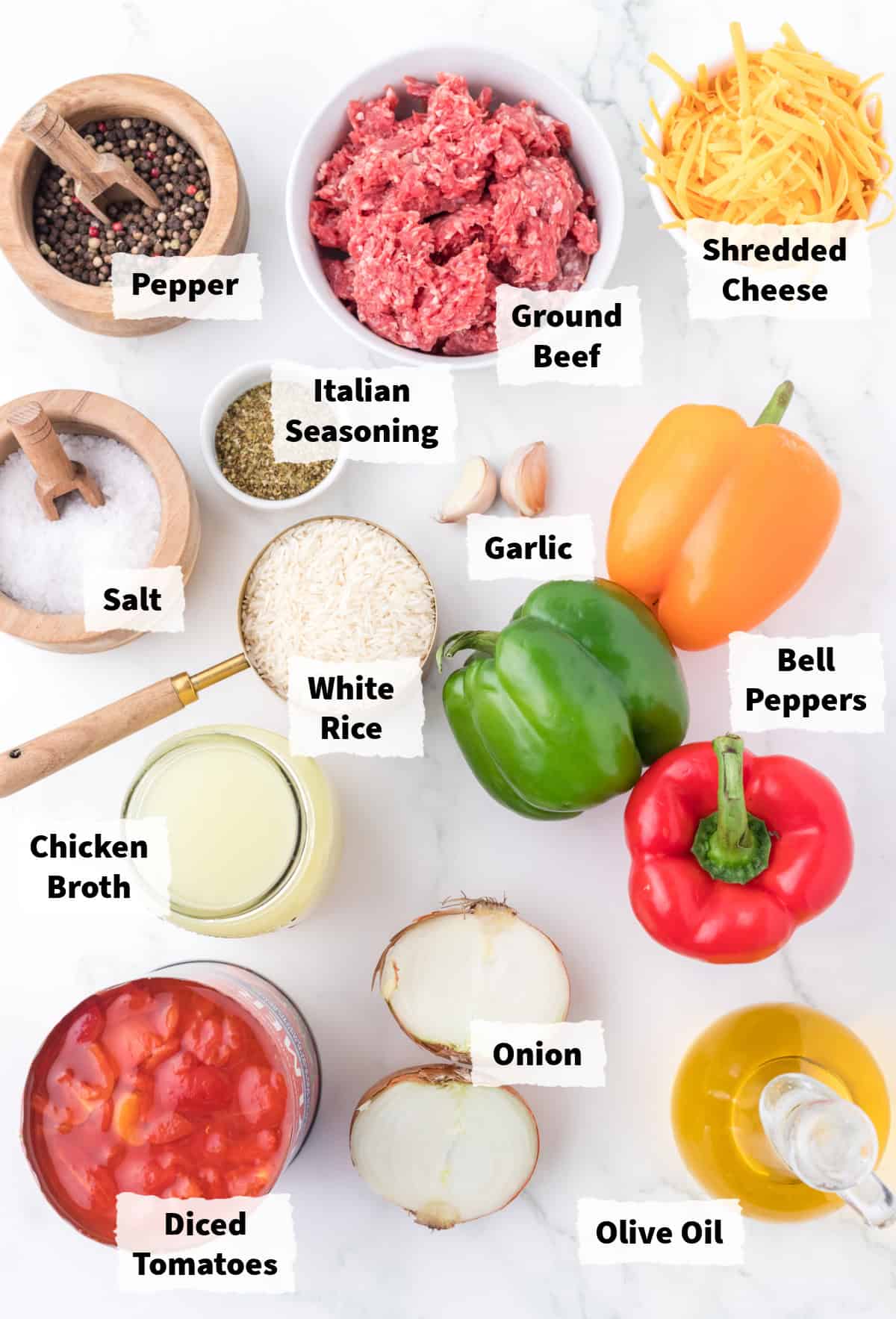 Ingredients on a table to make Slow Cooker Stuffed Pepper Casserole.