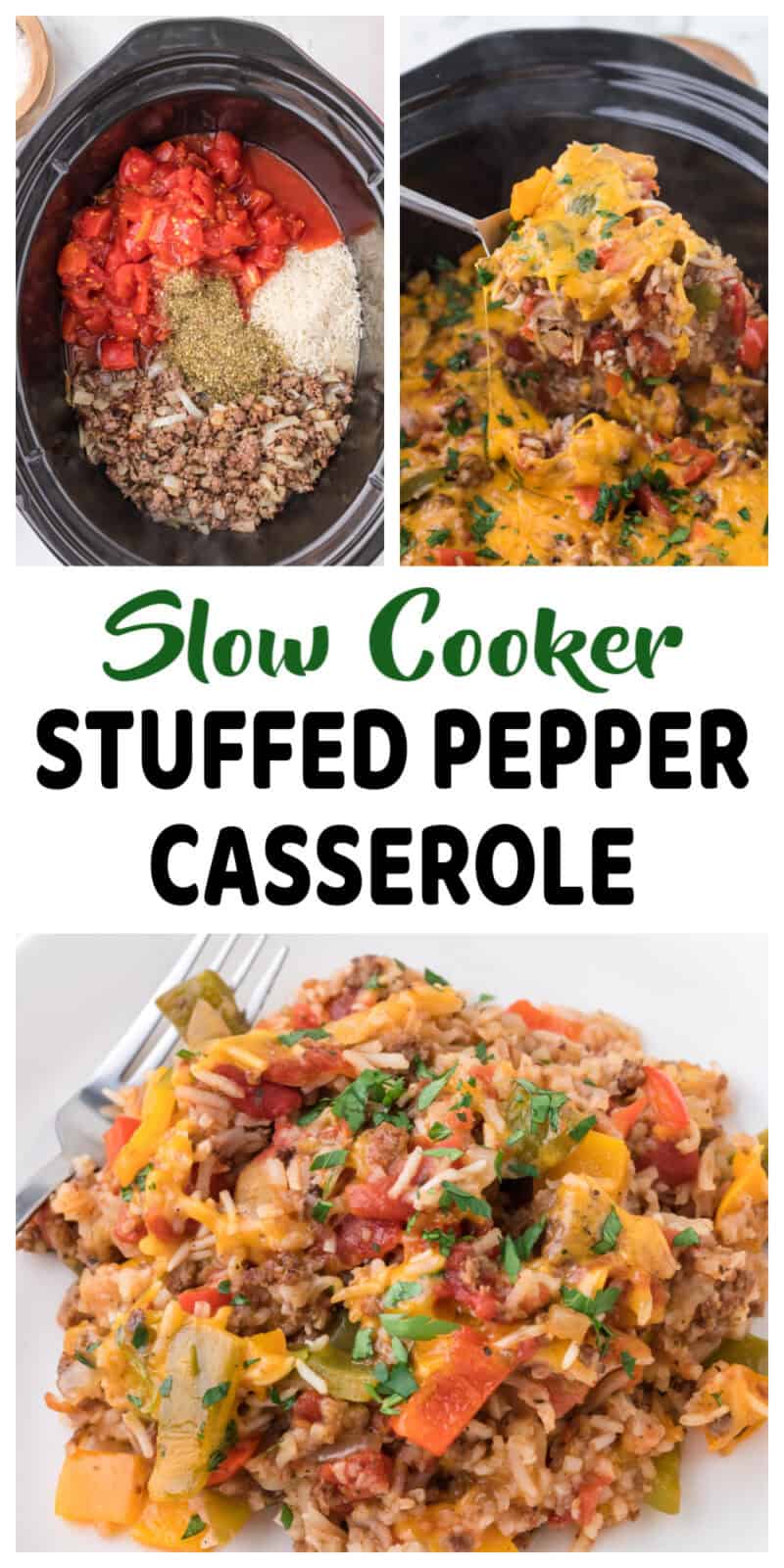 Cooked Slow Cooker Stuffed Pepper Casserole in a crockpot dish.
