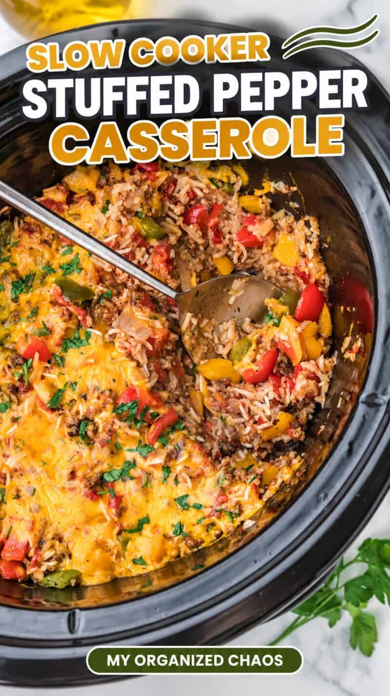 Cooked Slow Cooker Stuffed Pepper Casserole in a crockpot dish.
