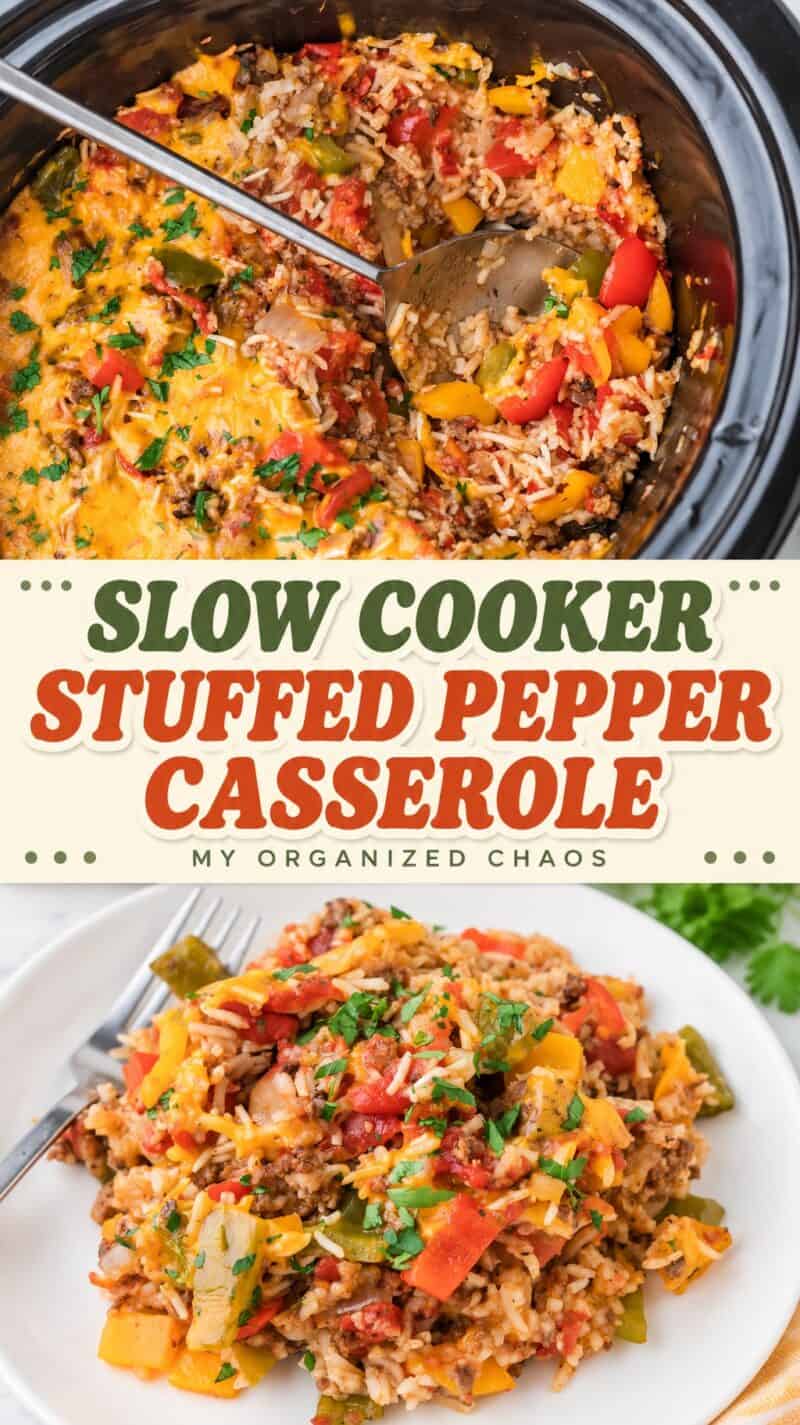Cooked Slow Cooker Stuffed Pepper Casserole in a crockpot dish.