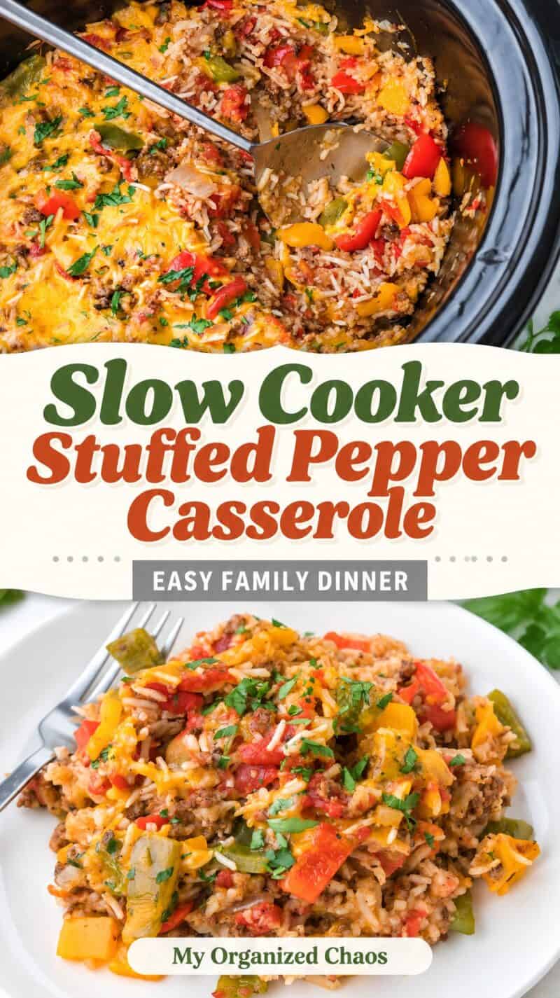 Cooked Slow Cooker Stuffed Pepper Casserole in a crockpot dish.