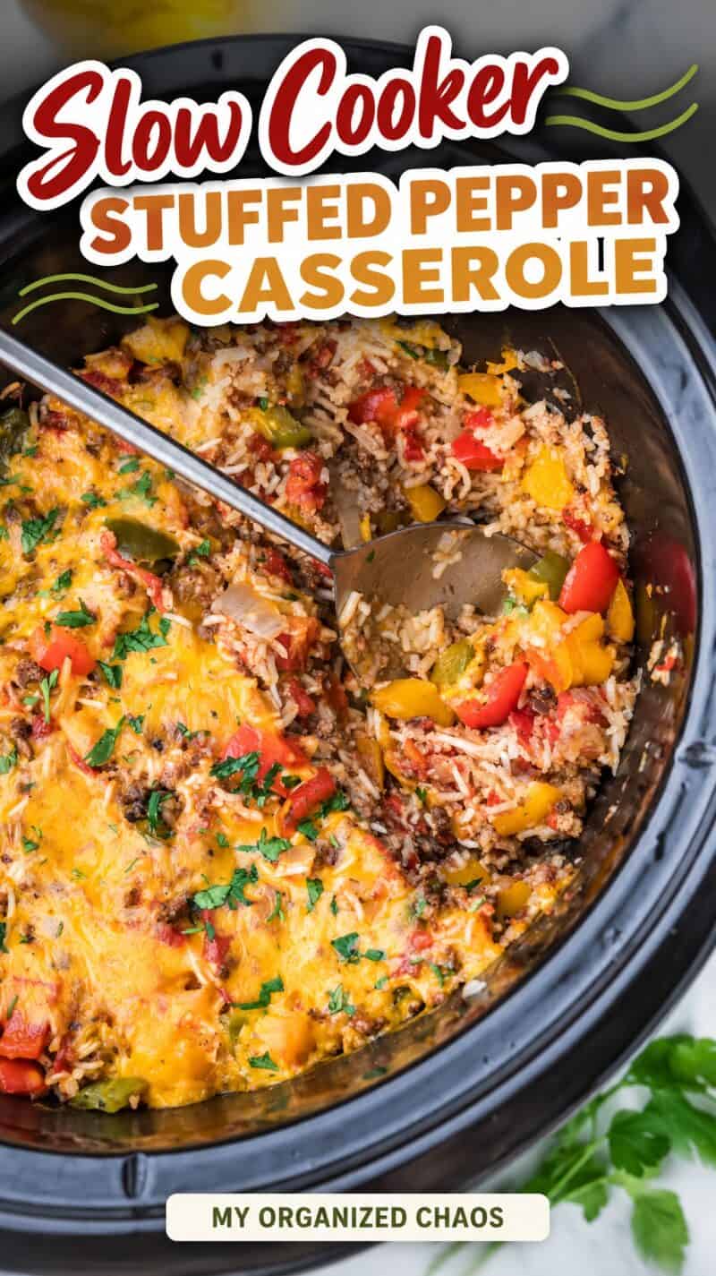 Cooked Slow Cooker Stuffed Pepper Casserole in a crockpot dish.